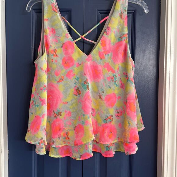Lush Neon Floral Layered Sleeveless Blouse Size L - Picture 1 of 5